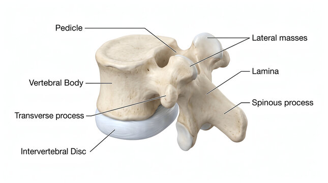 Anatomical diagram of a human vertebra with labeled parts including the vertebral body, pedicle, and spinous process for medical education