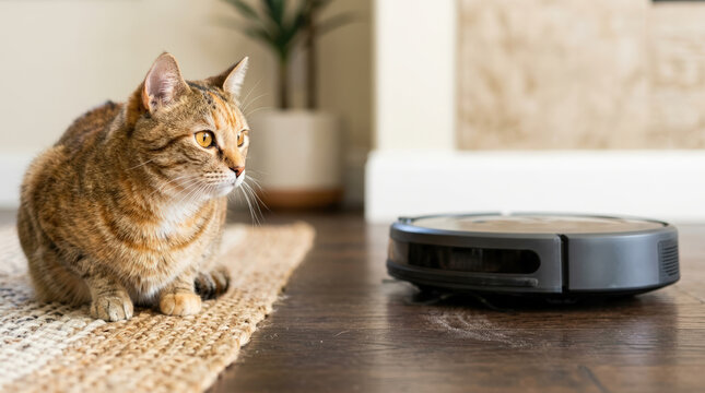 Curious cat sitting on rug watching robot vacuum cleaner. Pet observing automated smart cleaning appliance indoors