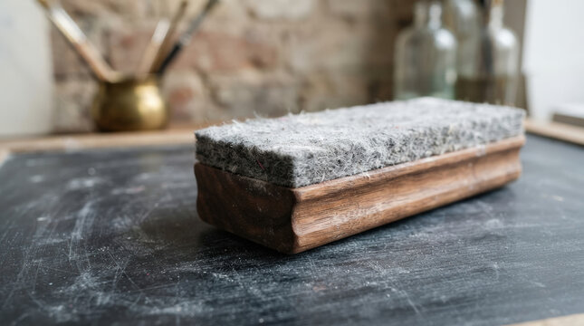 Wooden chalkboard eraser covered in white chalk dust. Vintage classroom felt duster on blackboard surface