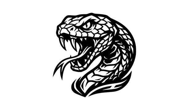 Venomous snake viper head aggressive fangs monochrome vector mascot logo