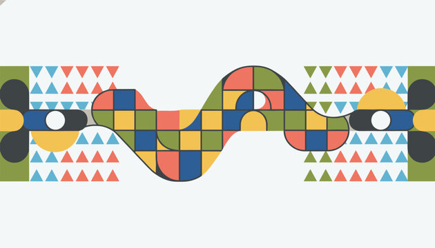 Abstract geometric artwork in bauhaus style featuring repeating colorful squares, triangles, semi-circles, and wavy stripes.