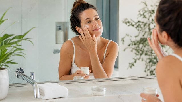 Woman doing her daily beauty and skincare routine vividly rendered