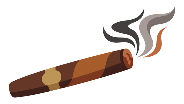 Lit brown cigar with smoke clouds isolated on white background art.