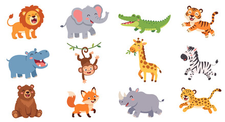 Naklejka premium Cute cartoon wild animals set. Kawaii jungle, forest and savannah zoo characters illustrations clipart collection.