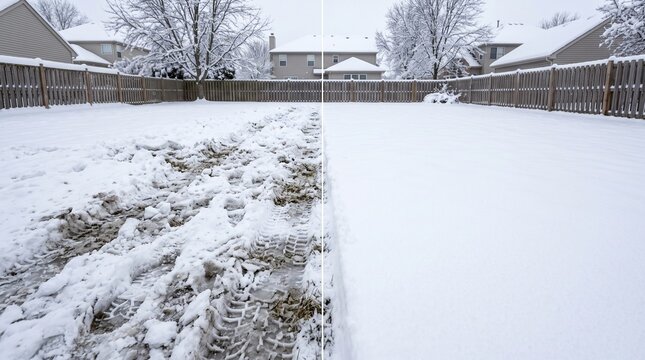 Suburban backyard lawn before and after snow removal, showing clean and messy snow.