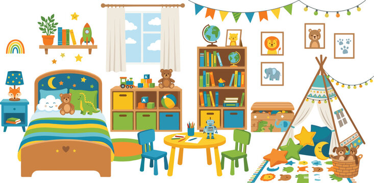 Cozy kids playroom interior vector illustration featuring toddler bed teepee tent storage shelves and small round table [image_qSbbEn.png]