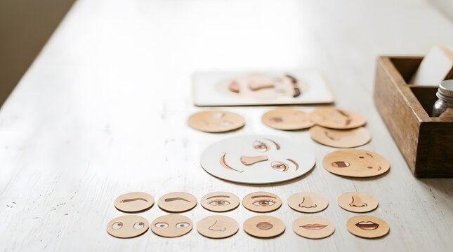 Hand interacting with small wooden pieces or puzzles on a table wonderfully displayed