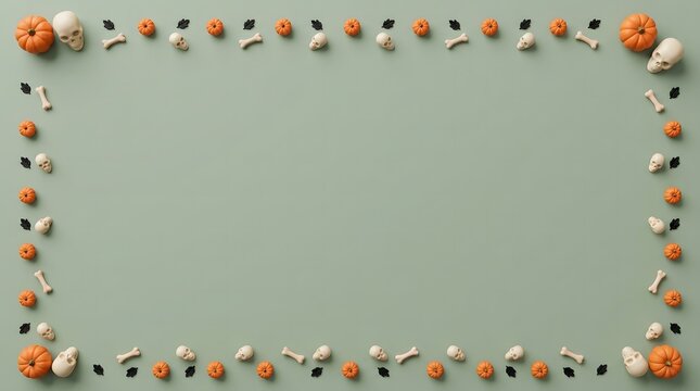 Decorative halloween border frame made of small orange pumpkins white skulls and black leaves on a soft sage green background