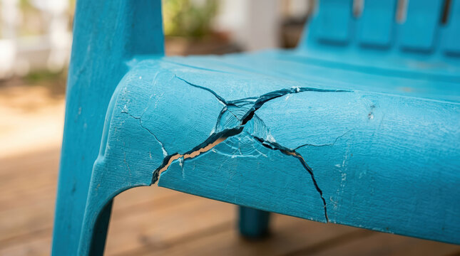 Close up of a cracked blue plastic chair. Broken weathered outdoor patio furniture. Damage and wear concept