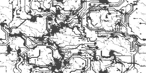 Obraz premium Grungy circuit board texture with distressed ink splatters and cracked surface during digital decay