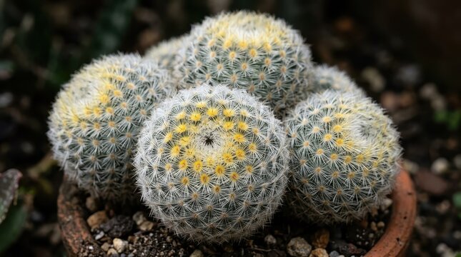 Close-up of Mammillaria Humboldtii Cactus Cluster with White Spines and Yellow Areoles in a Terracotta Pot