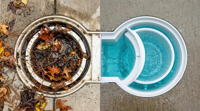 Overhead split view showing dirty and clean swimming pool skimmer basket conditions.