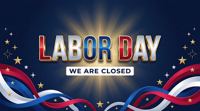 Labor day we are closed sign with patriotic stars and ribbons, holiday announcement design, office closure banner.