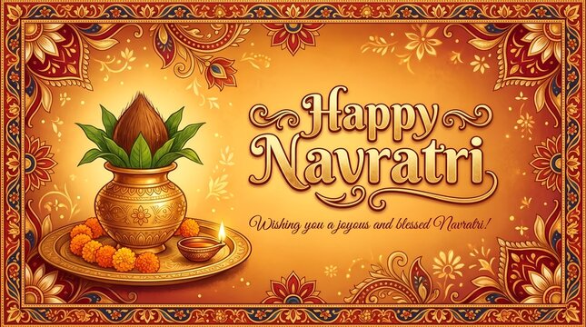 Happy navratri greeting card with traditional kalash, marigold flowers, and oil lamp on an ornate golden background with mandala patterns