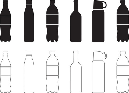 A set of black and white bottle silhouettes and line representing various beverage containers like water, soda, and thermos flasks