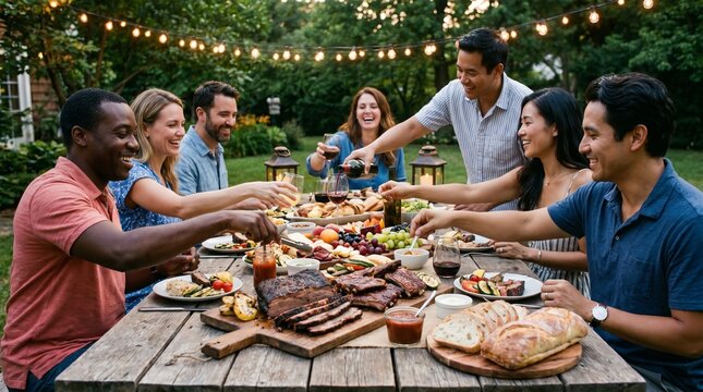 Friends gathering outdoors for backyard dinner party under string lights