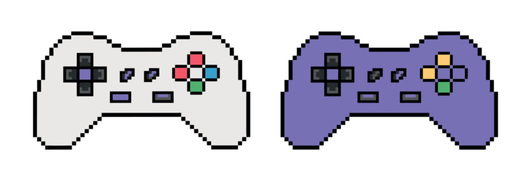 Pixelated game controllers: Two pixel game controllers in white and purple, isolated on white background