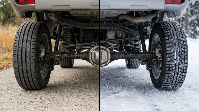 Automobile rear axle showing summer and winter tires in split view.