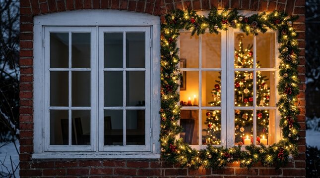 Split Image of Holiday Decorated Window with Christmas Lights