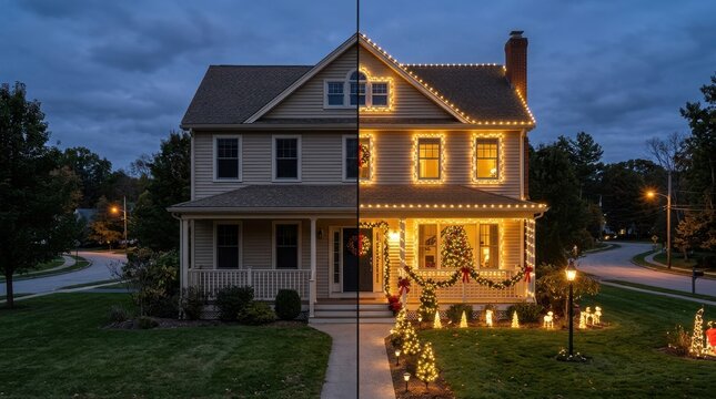 Suburban House Christmas Decoration: Before and After Holiday Lights