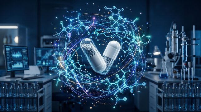 Medical pill capsule with glowing digital molecular structure in a research laboratory.
