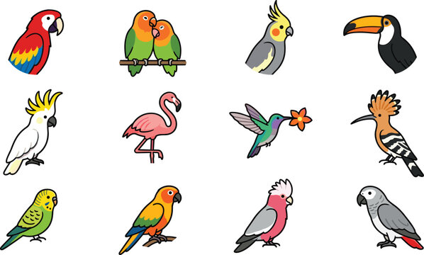 Cute cartoon tropical birds vector set featuring macaw lovebirds cockatiel toucan cockatoo flamingo hummingbird and parrot species [image_GzytHe.png]