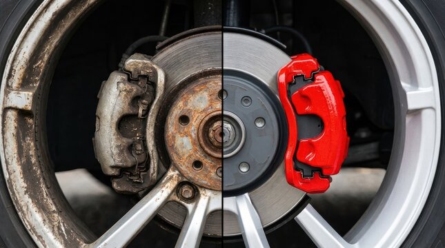 Old Rusty and New Clean Car Brake System Comparison