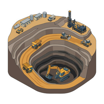 Open pit mining operation with heavy machinery and infrastructure.