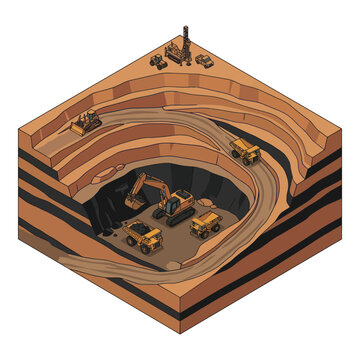 Open pit mining operation with heavy machinery and layered earth 2.