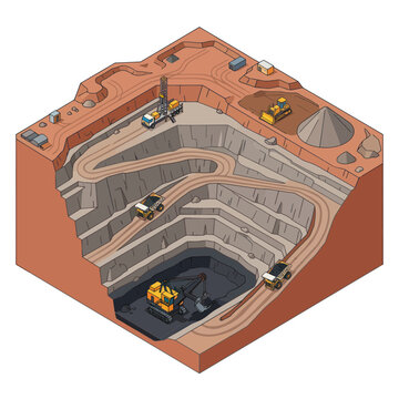 Open pit mining operation with heavy machinery and trucks.