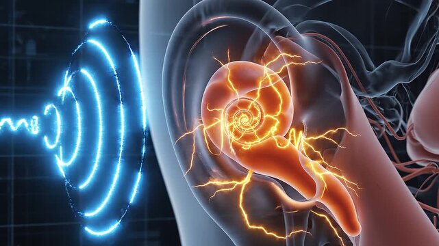 Cinematic 3D medical animation of digital sound waves pulsing into human ear anatomy and activating cochlea neural pathways.