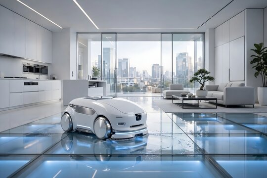 Futuristic Robot Mop Cleaning Modern Apartment with City View