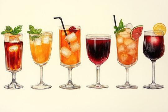 Contemporary Art Depicting Diverse Drinks in Glassware