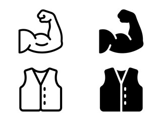 Naklejka premium Flexed biceps muscle and waistcoat vest outline and solid icons