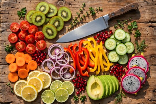 Fresh fruits and vegetables on wooden cutting board