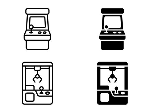 Vintage arcade game and claw crane icons set with entertainment