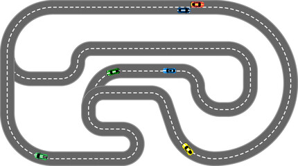 Fototapeta premium Race road with sports car. Racing track top view. Asphalt curved road view. Game UI design. Vector illustration concept.