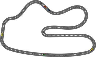 Naklejka premium Race road with sports car. Racing track top view. Asphalt curved road view. Game UI design. Vector illustration concept.