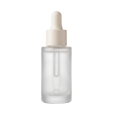 Premium blank frosted glass cosmetic dropper bottle with matte ivory cap, unbranded clean beauty aesthetic, product photography isolated on pure white background, front view