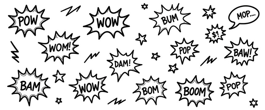 Comic book style explosion word graphics with text like POW WOW BAM and BOOM for design.
