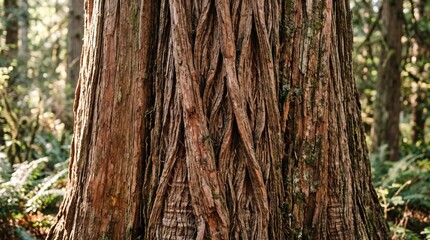 Fototapeta premium Majestic Tree Trunk with Twisted Bark Surrounded by Lush Forest Under Soft Morning Light