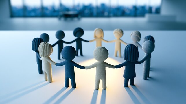 Diverse stylized figures holding hands in a circle on reflective surface representing global unity and teamwork