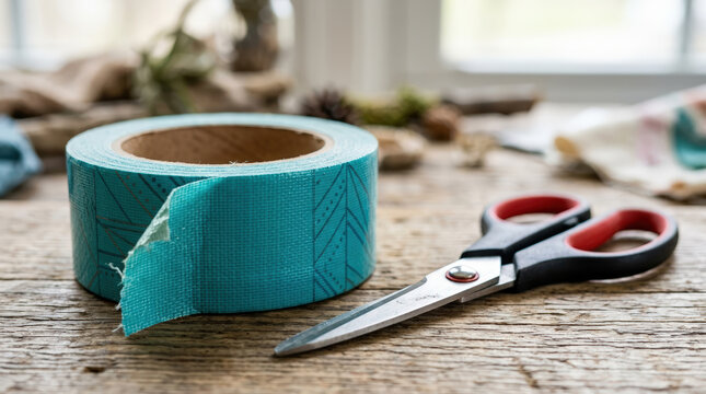 Roll of patterned teal duct tape with pair of scissors on rustic wood. DIY craft and repair tools concept