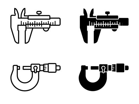 Detailed calipers and micrometers technical measuring instruments icons set