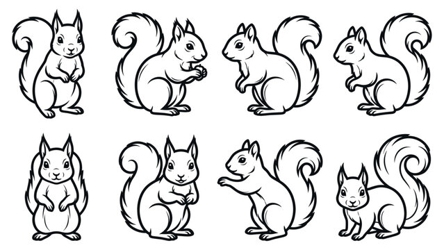 Eight cute squirrel characters in black and white line art outlines.