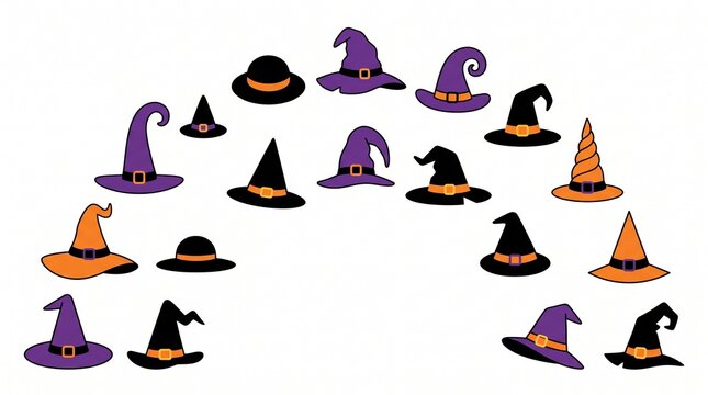 Set of colorful halloween witch hats in black purple and orange colors for seasonal holiday party decoration