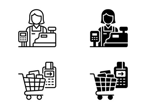 Cashier service and pos terminal shopping cart icon set with terminal