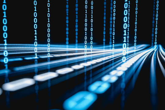 Futuristic digital binary data streams, glowing blue in a virtual network space representing information transmission and technology.