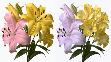 Obraz premium Colorful lily flowers bouquet isolated on a white background with pink lily