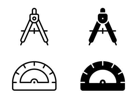 Geometric compass and protractor drafting tools vector icon set